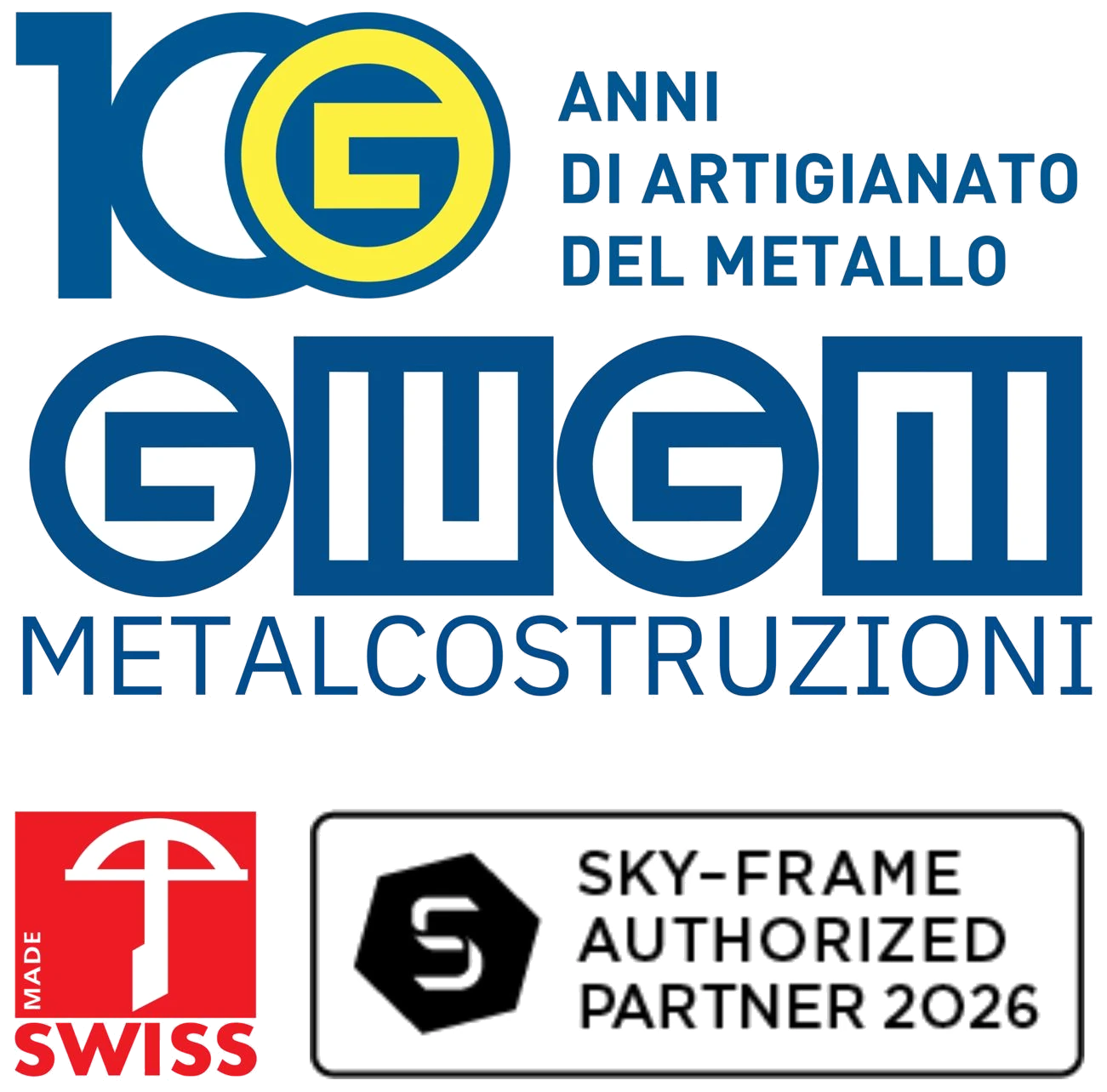 Logo Giugni Metalcostruzioni, 100 anni di artigianato del metallo, Swiss Made e Sky-Frame Authorized Partner 2026